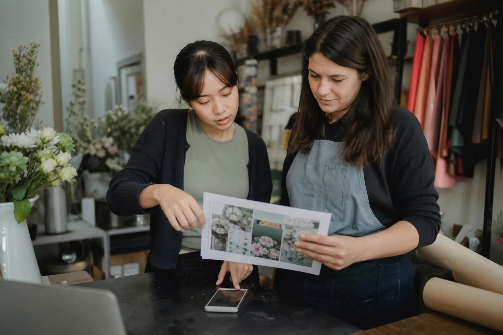 A small business owner and a web designer standing beside a counter in a local shop, looking at a printed website mockup while a phone rests nearby, with a casual, focused feel.