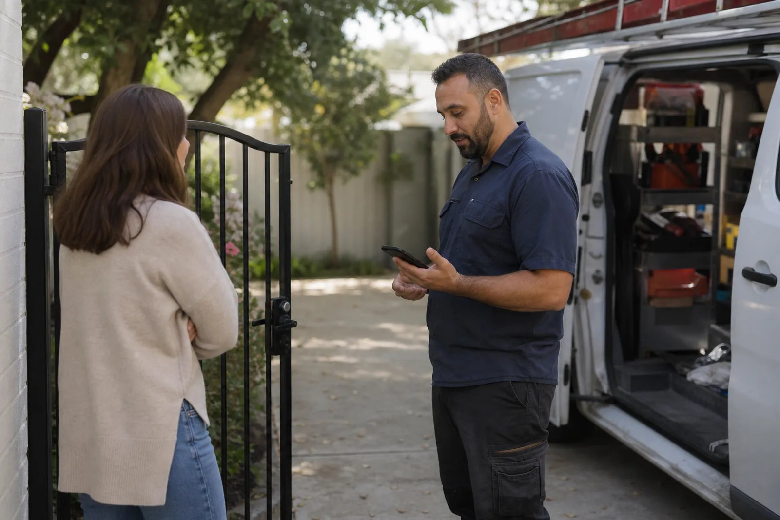 A local service business owner stands near a work van in a driveway, glancing at a phone while talking with a customer beside a front gate on a calm afternoon.