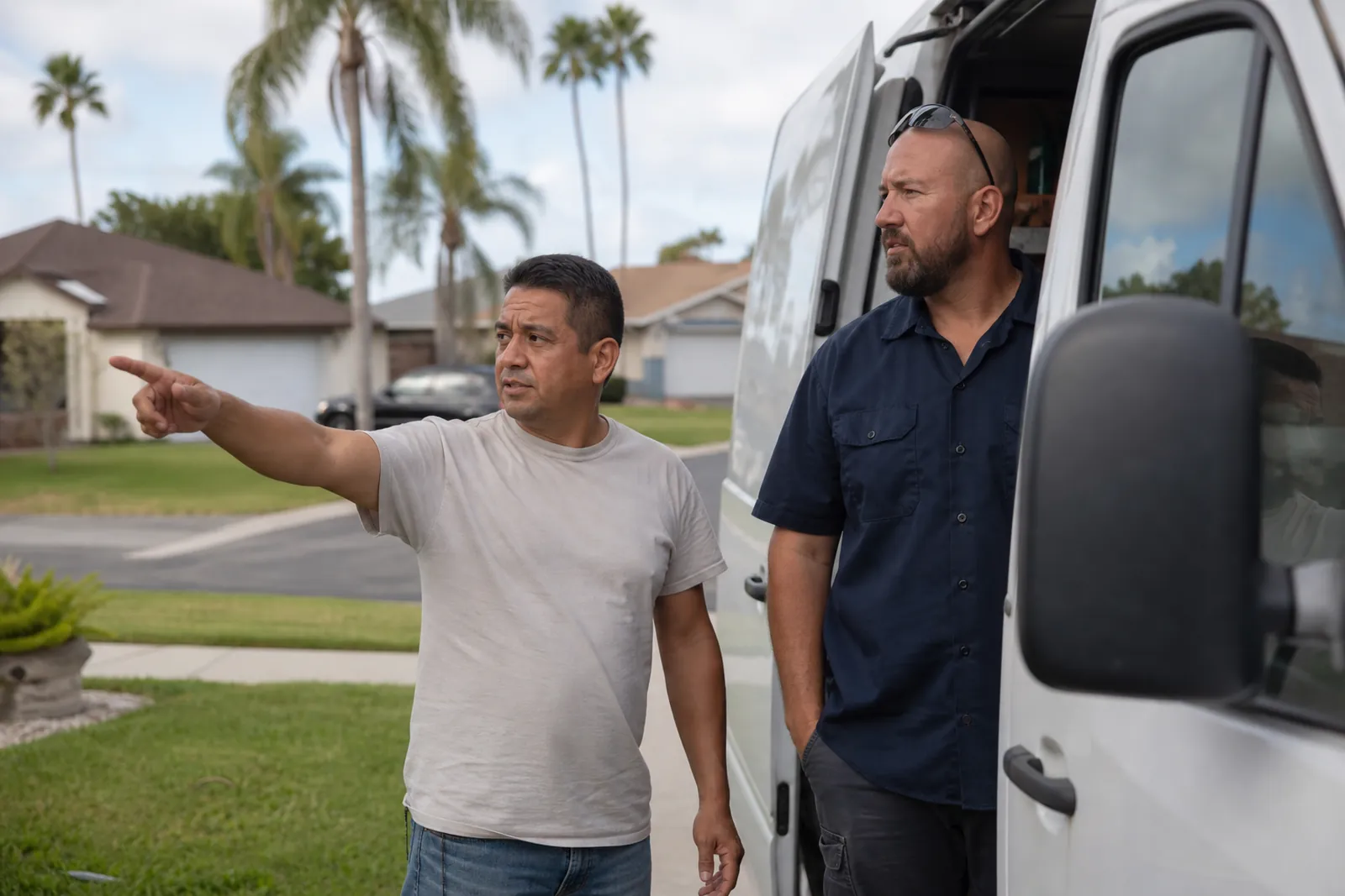A contractor in work clothes stands beside a white service van outside a modest home while a homeowner points toward a driveway, with a neighborhood street and palm trees in the background.