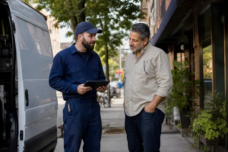 A service technician and a local business owner standing on a shaded sidewalk in a dense neighborhood with apartment buildings and small shops, talking beside a parked work van.
