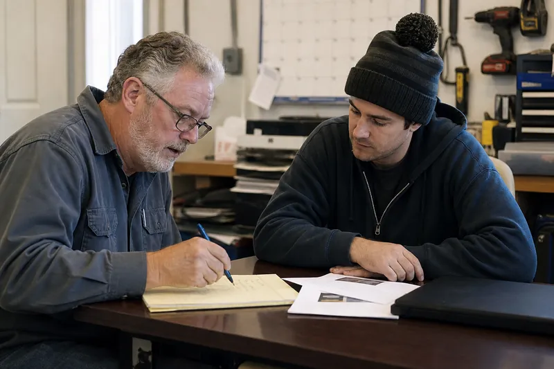 A shop owner and a web helper sit at a small desk in a service office, reviewing printed pages and notes while a laptop sits closed nearby, with tools and a calendar in the room.