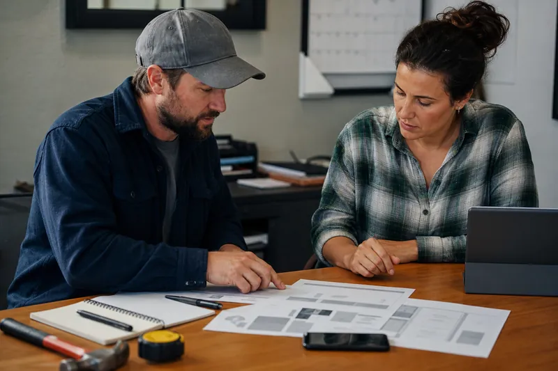 A contractor and a small business owner stand together at a kitchen table in a modest office, looking over printed website wireframes and a phone, with tools and a notebook nearby.