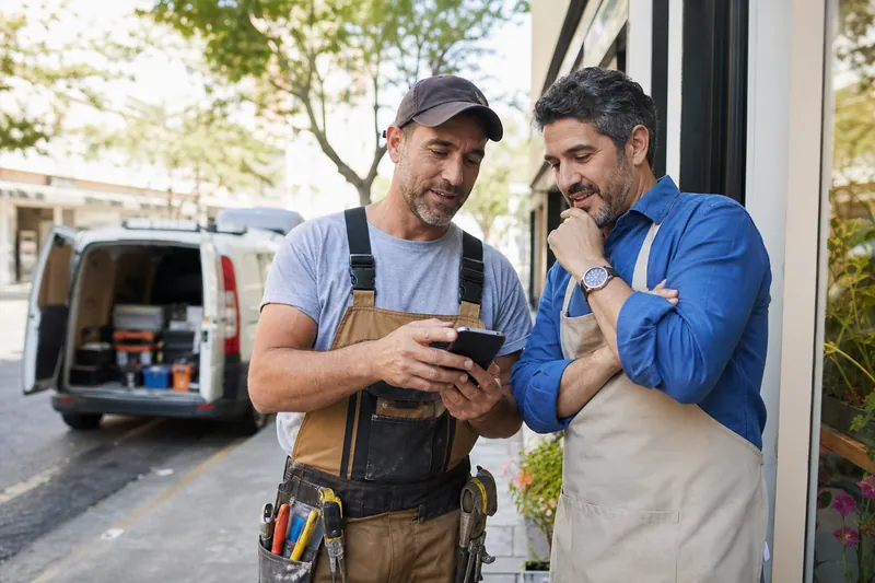 A contractor in work clothes and a business owner standing outside a small storefront on a sunny street, both looking at a phone while speaking casually, with tools and a parked va