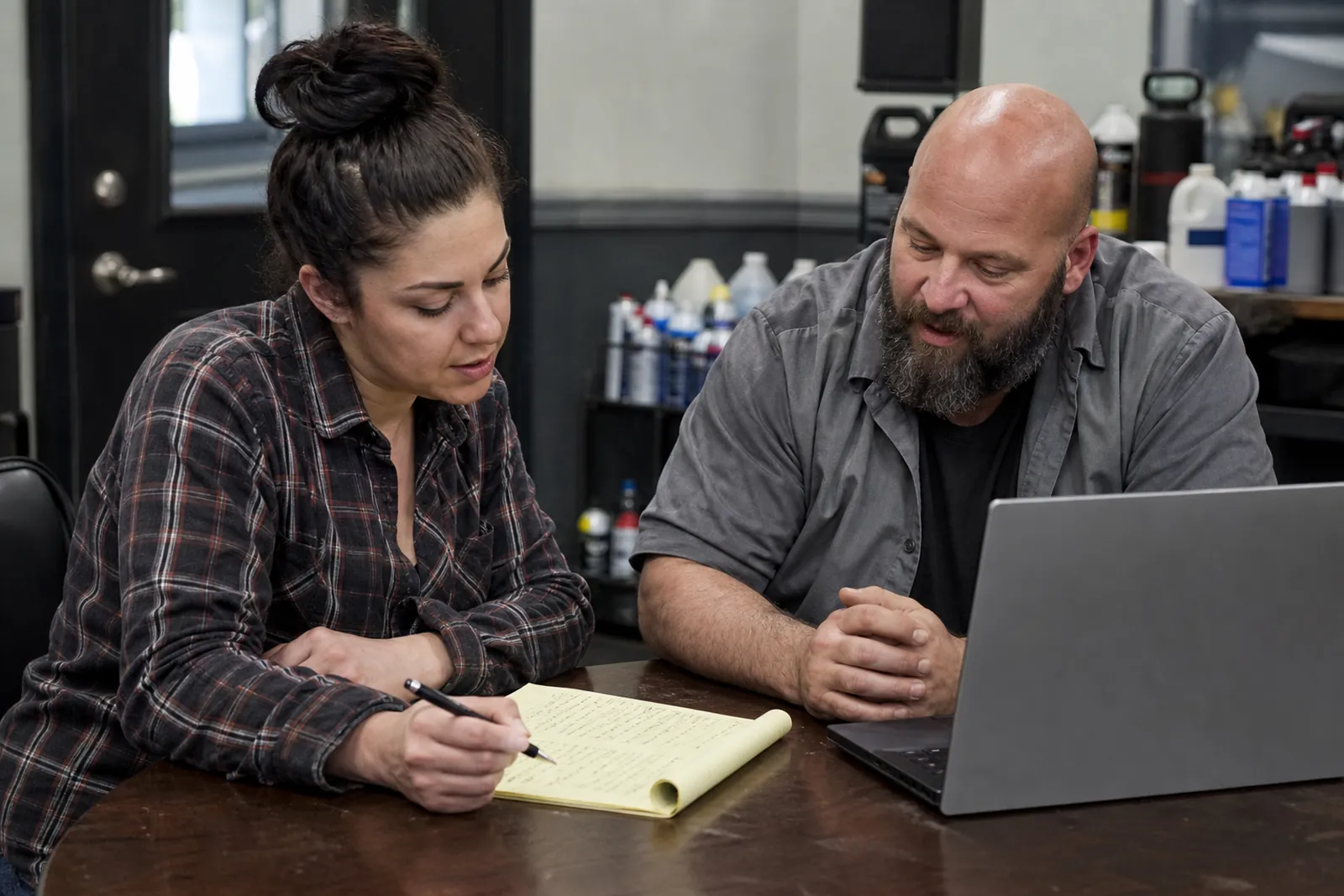 A local business owner and a web helper sit at a small table in a shop office, reviewing handwritten page titles on a notepad beside a laptop, with tools and service supplies in the background.