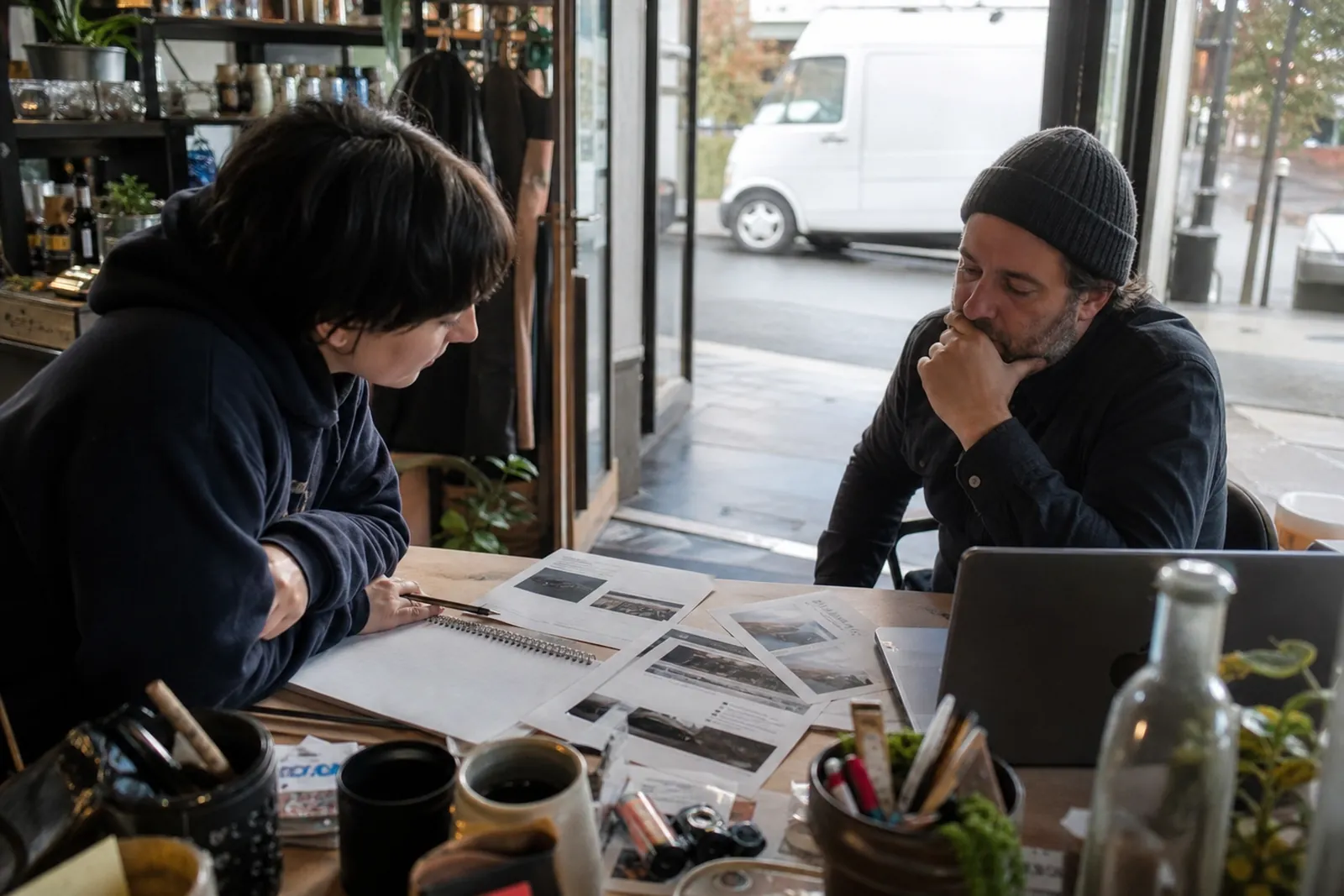 A small team member and a business owner sit at a cluttered desk in a local shop, looking over printed website pages and a notebook while the open front door shows a parked service van outside.