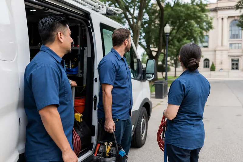 A small crew in work shirts stands beside a clean service van parked on a quiet street in a suburban town, with one person holding tools and another looking toward a nearby civic b
