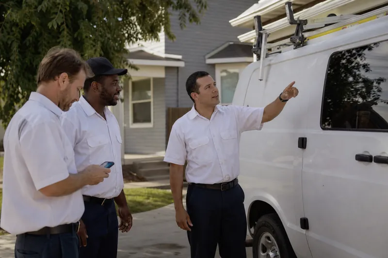 A service crew in clean work shirts stands beside a well-kept van outside a modest home, while one person holds a phone and another points toward a recently finished repair.