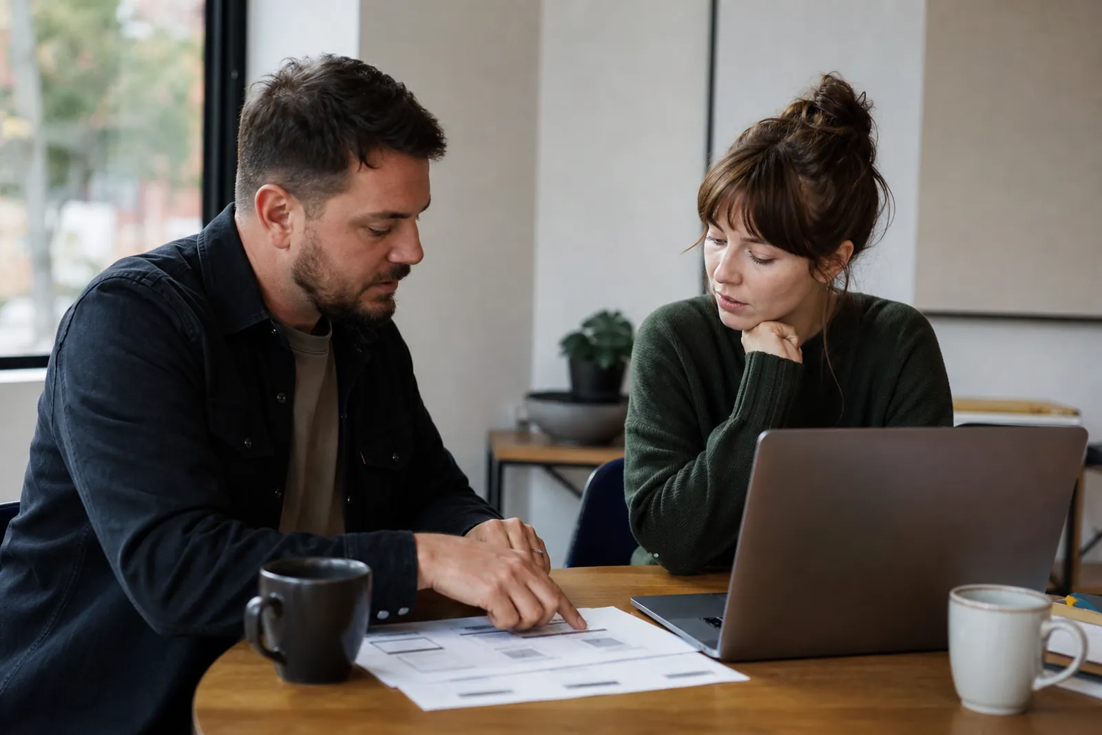 A small business owner and a web designer sit at a table in a quiet local office, talking over printed website notes and a laptop, with coffee cups nearby.