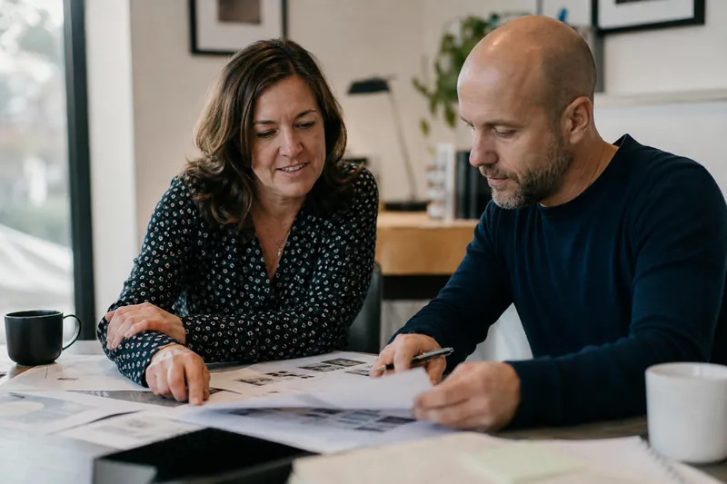 A small business owner and a web marketer sit at a simple table in a quiet office, reviewing printed website pages and notes with coffee nearby, in a candid natural light scene.
