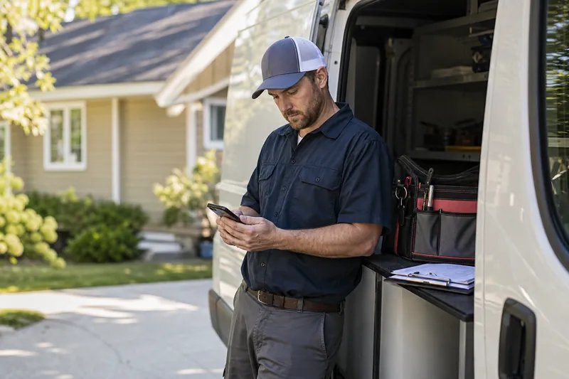 A service tech standing beside a parked van in a quiet neighborhood driveway, texting a customer while a clipboard and tool bag rest on the open side door.