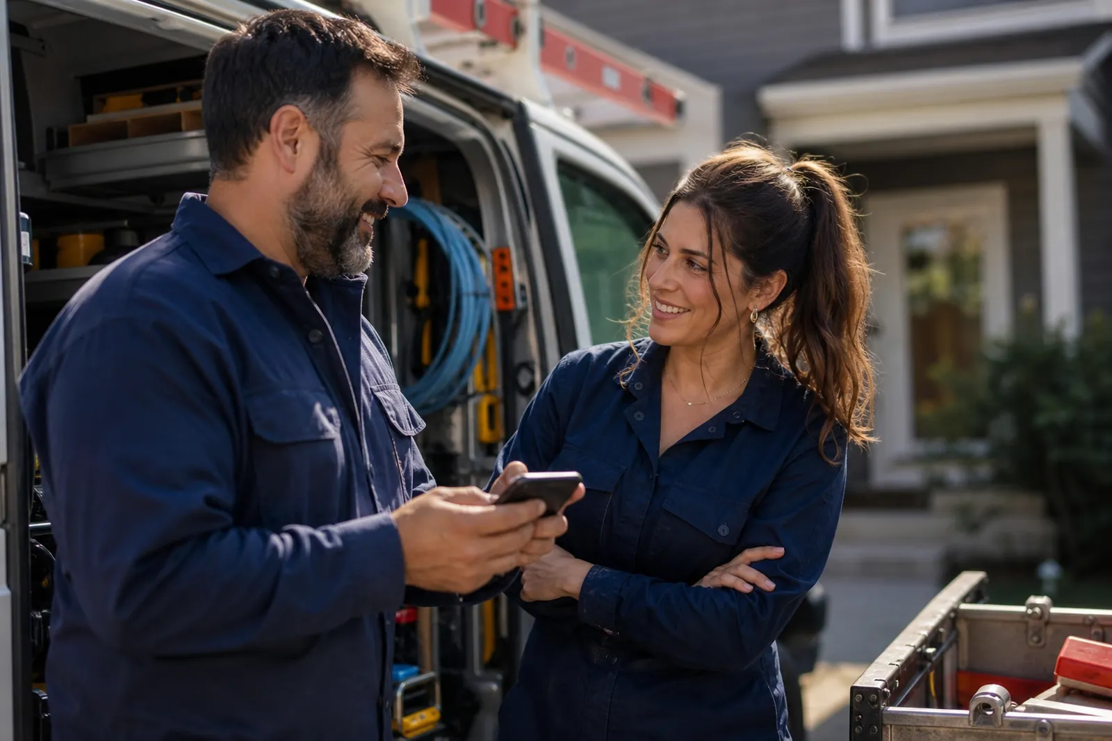A small service-business owner and a team member standing near a work van outside a residential home, talking and smiling while holding a phone, with tools and a ladder in the background.