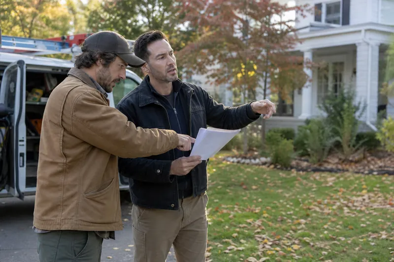 A small business owner and a crew member standing beside a work van in front of a tidy residential property, looking over printed notes and pointing toward a yard that matches the 