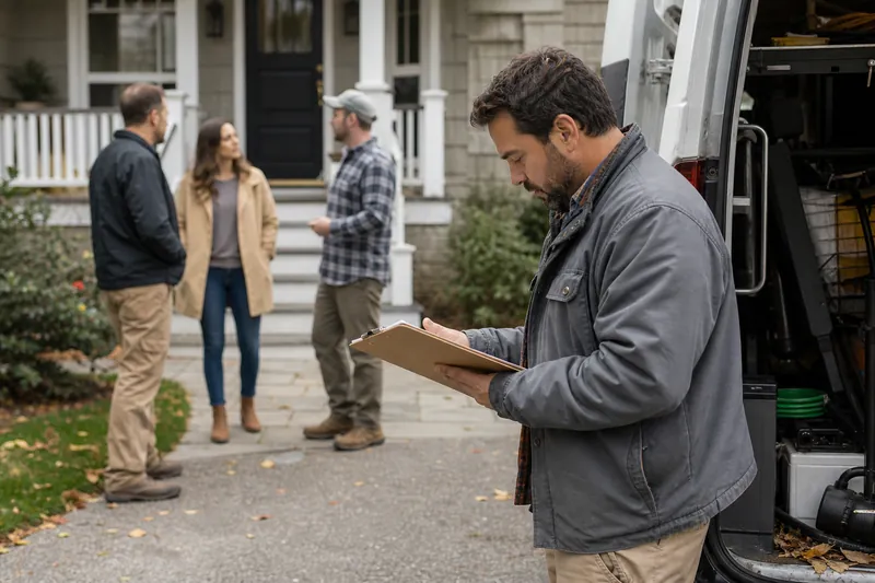 A contractor stands with a clipboard beside a work van outside a homeowner’s driveway while a small team talks near the front steps, with no readable signs or logos visible.