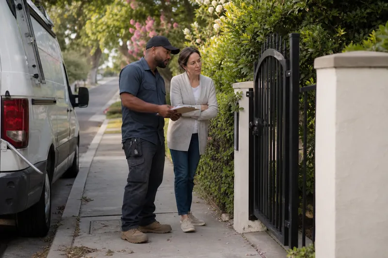 A service worker and a customer stand on a quiet residential street beside a work van and an open front gate, looking at a repaired entrance while holding a clipboard.