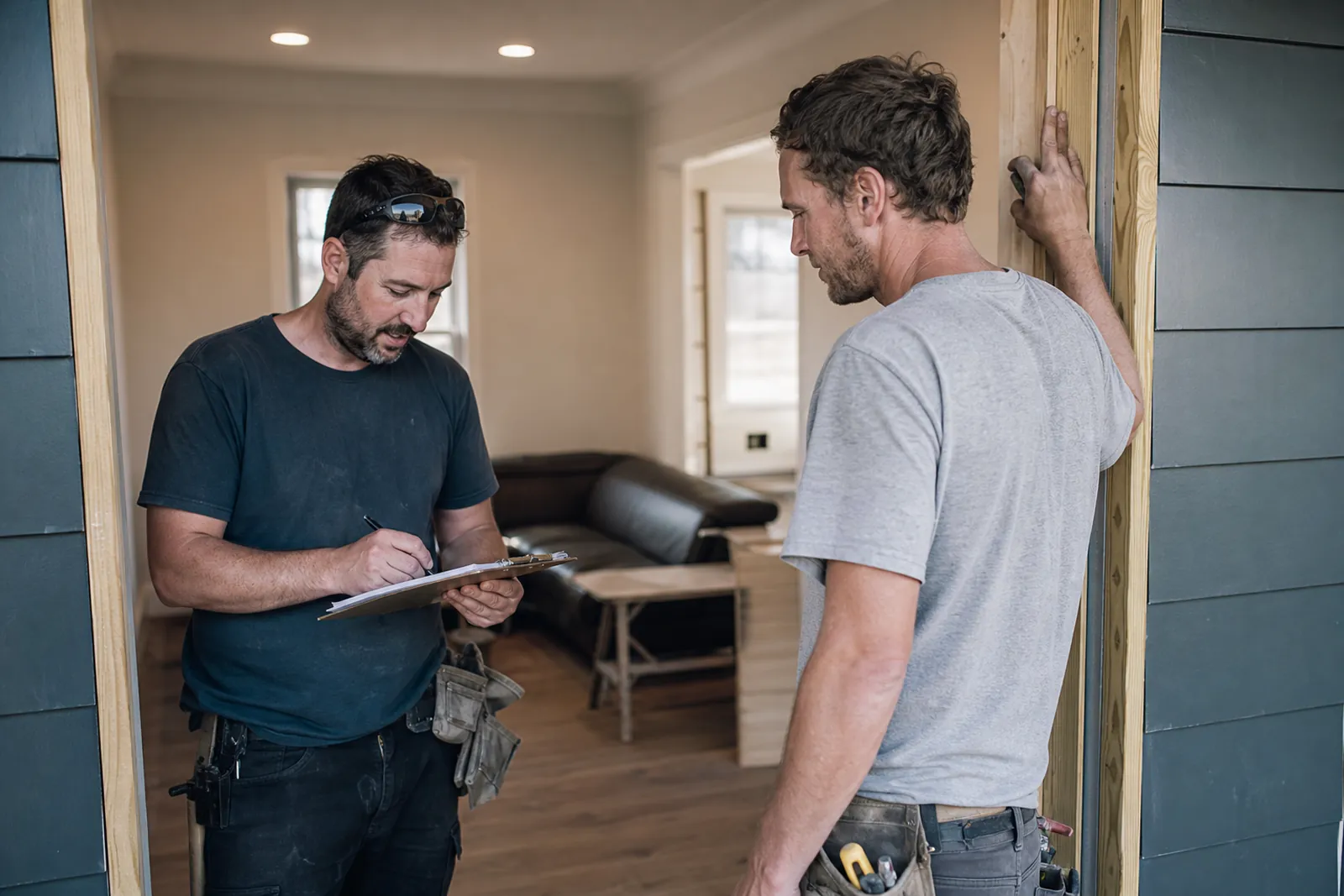 A small business owner and a teammate stand in the doorway of a home jobsite in work clothes, talking with a clipboard and tools nearby, with a finished room in the background.