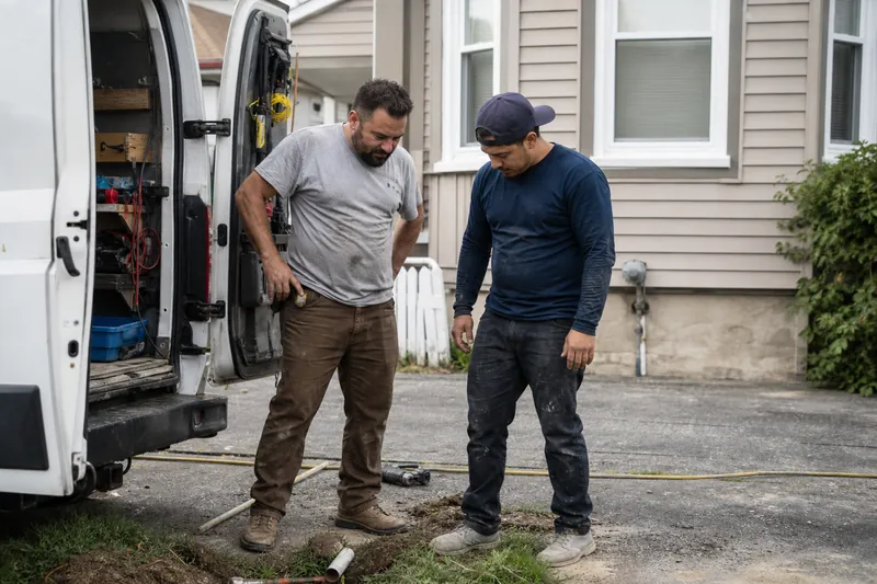 A contractor and a helper standing beside a work van outside a modest house, looking over a small repair job with tools on the ground, shot in natural light.