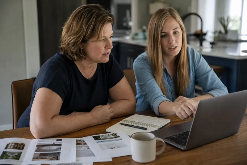 A small business owner and a web helper sit at a kitchen table with a laptop open, while printed service pages and a notebook of page notes lie beside a coffee mug.