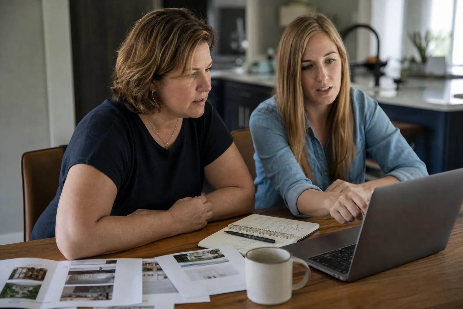 A small business owner and a web helper sit at a kitchen table with a laptop open, while printed service pages and a notebook of page notes lie beside a coffee mug.