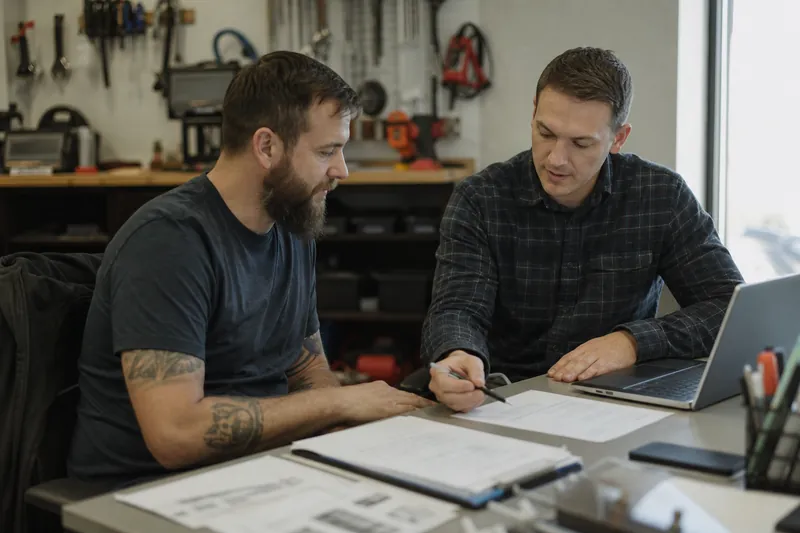A small business owner and a web studio teammate sit at a tidy desk in a service office, looking over printed business paperwork and a laptop, with tools and trade items in the bac