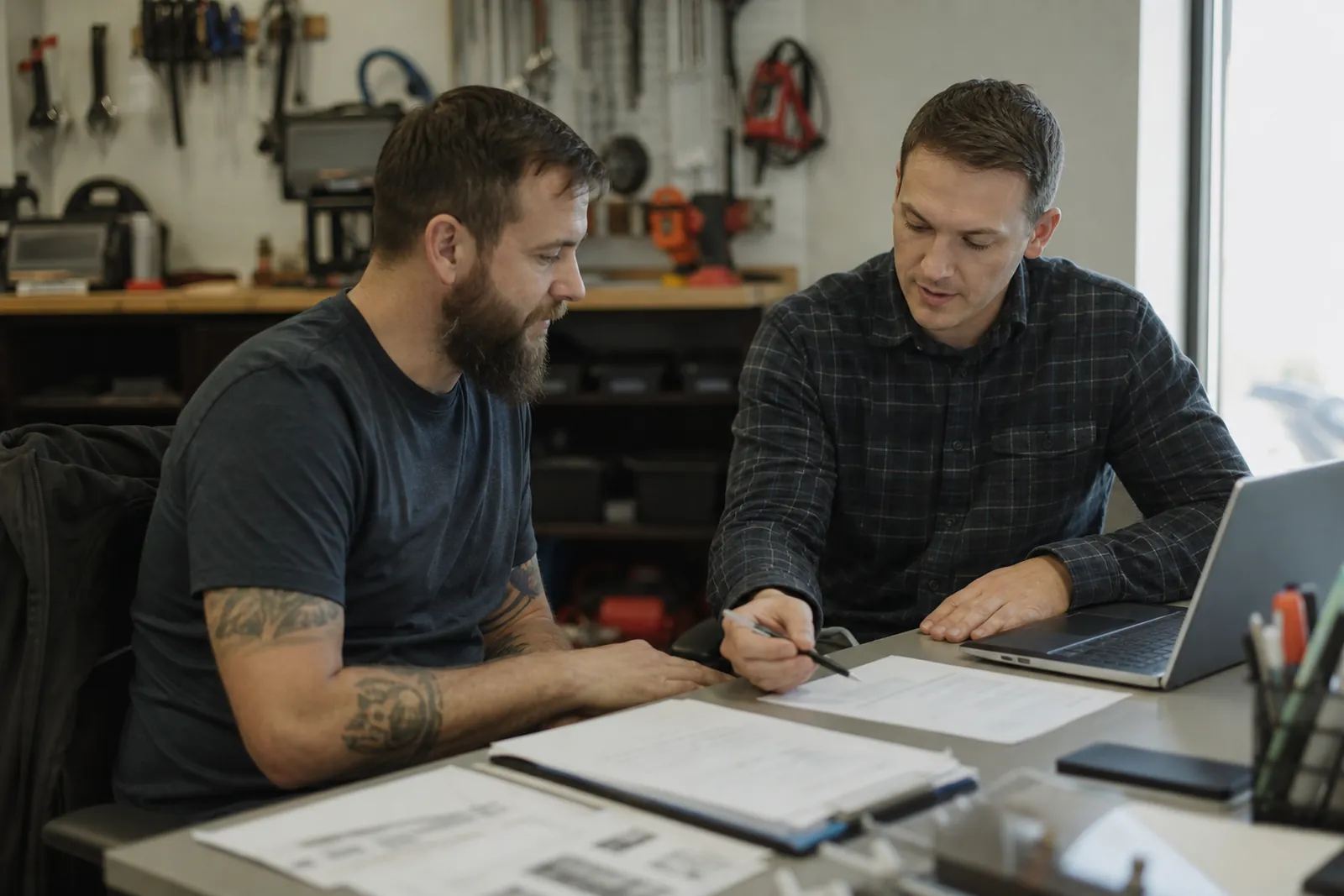 A small business owner and a web studio teammate sit at a tidy desk in a service office, looking over printed business paperwork and a laptop, with tools and trade items in the background.