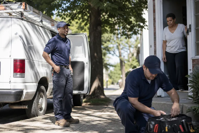 A service technician in clean work clothes stands beside a plain work van on a bright street, while one coworker checks a tool bag nearby and a homeowner watches from the doorway.