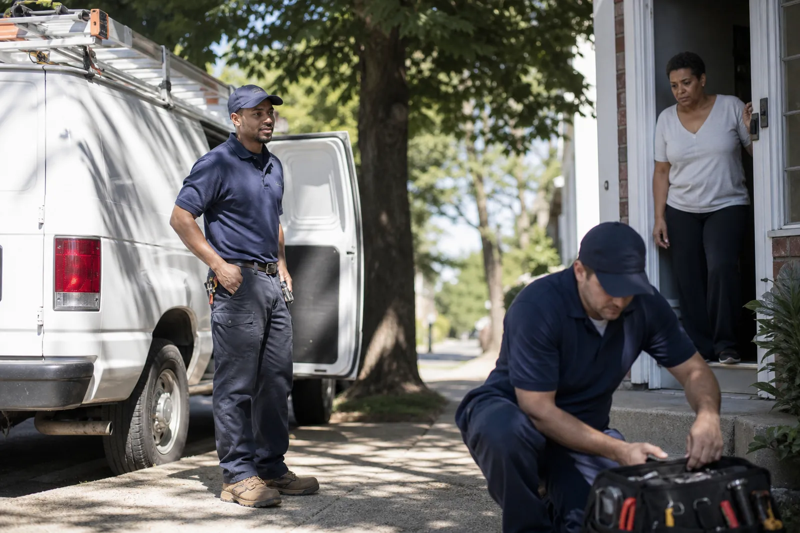 A service technician in clean work clothes stands beside a plain work van on a bright street, while one coworker checks a tool bag nearby and a homeowner watches from the doorway.