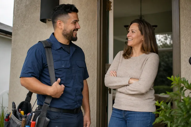 A service worker in a work shirt standing with a homeowner at a front doorway after a completed repair, both smiling and talking casually in natural light.