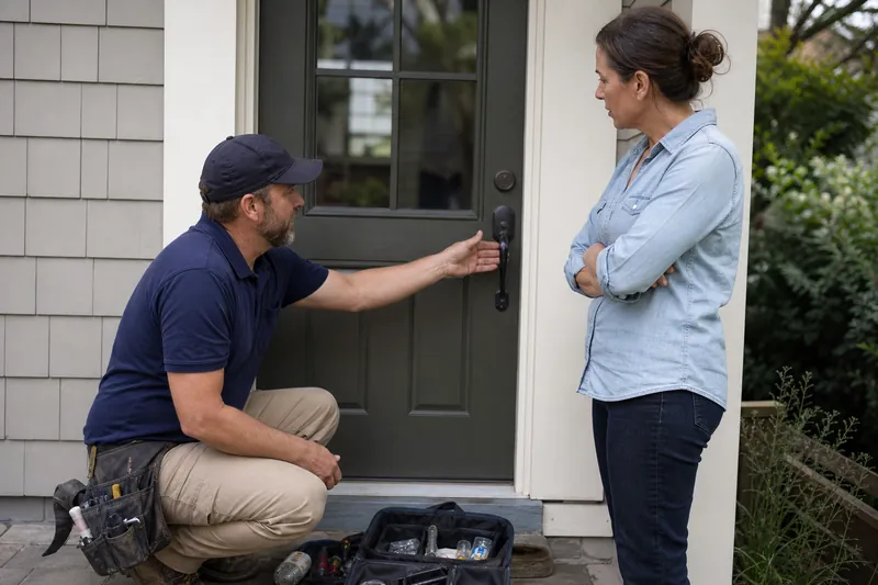 A Hispanic contractor standing beside a work truck with a small team on a residential property, one person holding a ladder and another looking over a completed roof or landscaped 