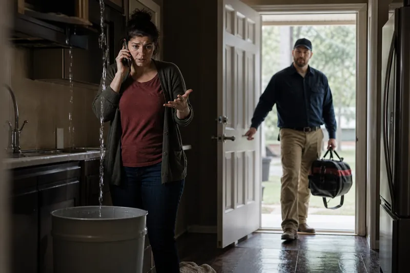 A worried homeowner stands in a dim kitchen with a bucket under a leaking pipe while a technician in work clothes arrives at the front door with a tool bag.