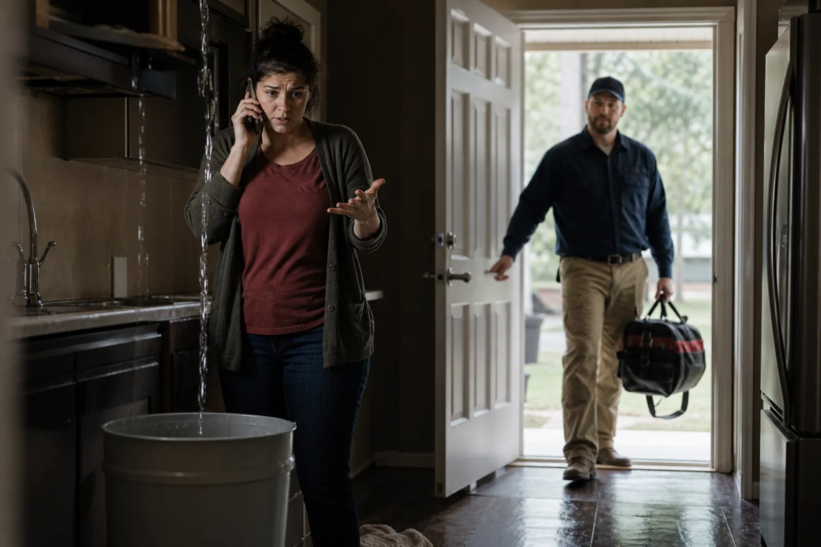 A worried homeowner stands in a dim kitchen with a bucket under a leaking pipe while a technician in work clothes arrives at the front door with a tool bag.