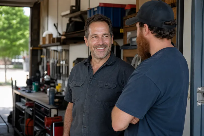 A candid photo of a small service business owner standing with a team member at the entrance of a local shop, with tools and work materials visible in the background and warm natur