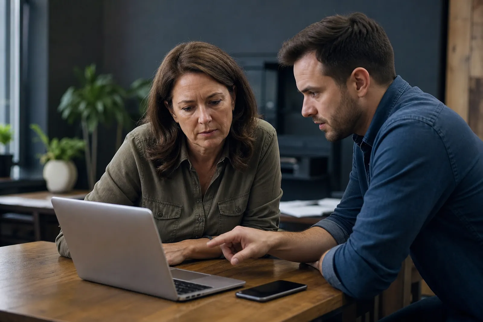 A small business owner and a web helper standing in a quiet office near a laptop and a phone, both looking at a website together with a focused, concerned expression, no visible screen text, no logos.