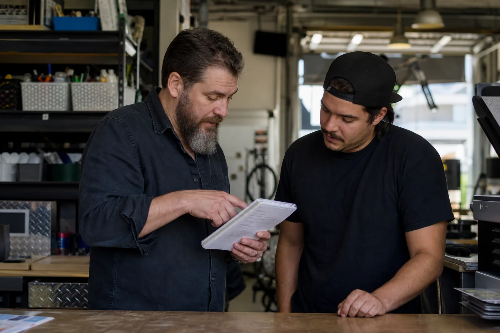 A small business owner and a team member standing beside a front counter in a neighborhood service shop, talking over a notebook with handwritten customer questions while work tools and everyday supplies sit in the backg