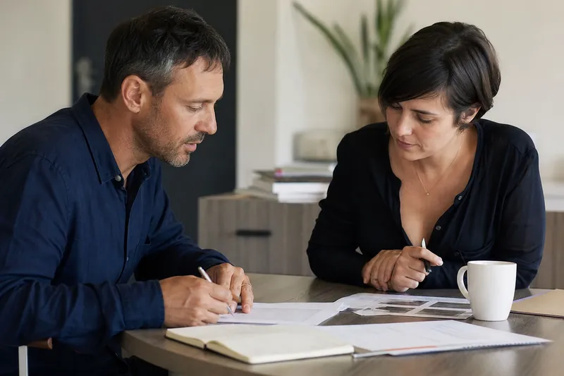 A small business owner and a web designer sit at a plain table in a quiet office with printed pages, a notebook, and coffee, talking over a contract.