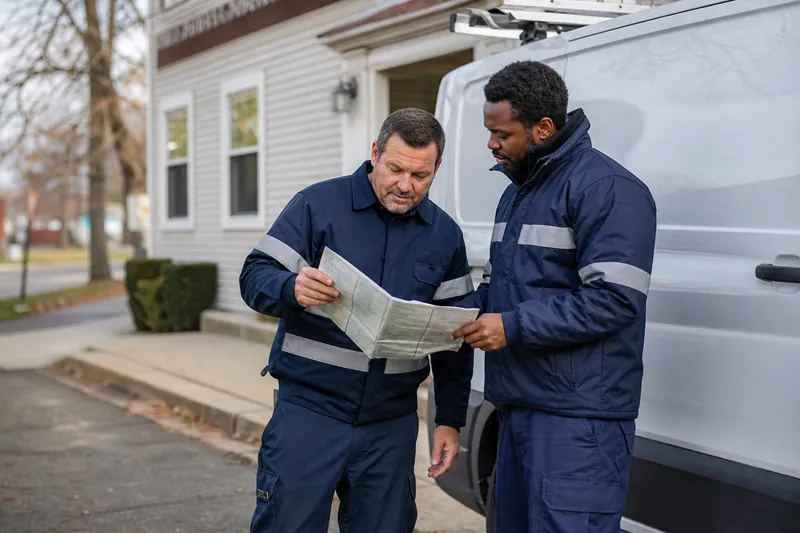 Two workers in branded uniforms stand beside a parked service van outside a small local office building on a quiet street, looking over a paper map together.