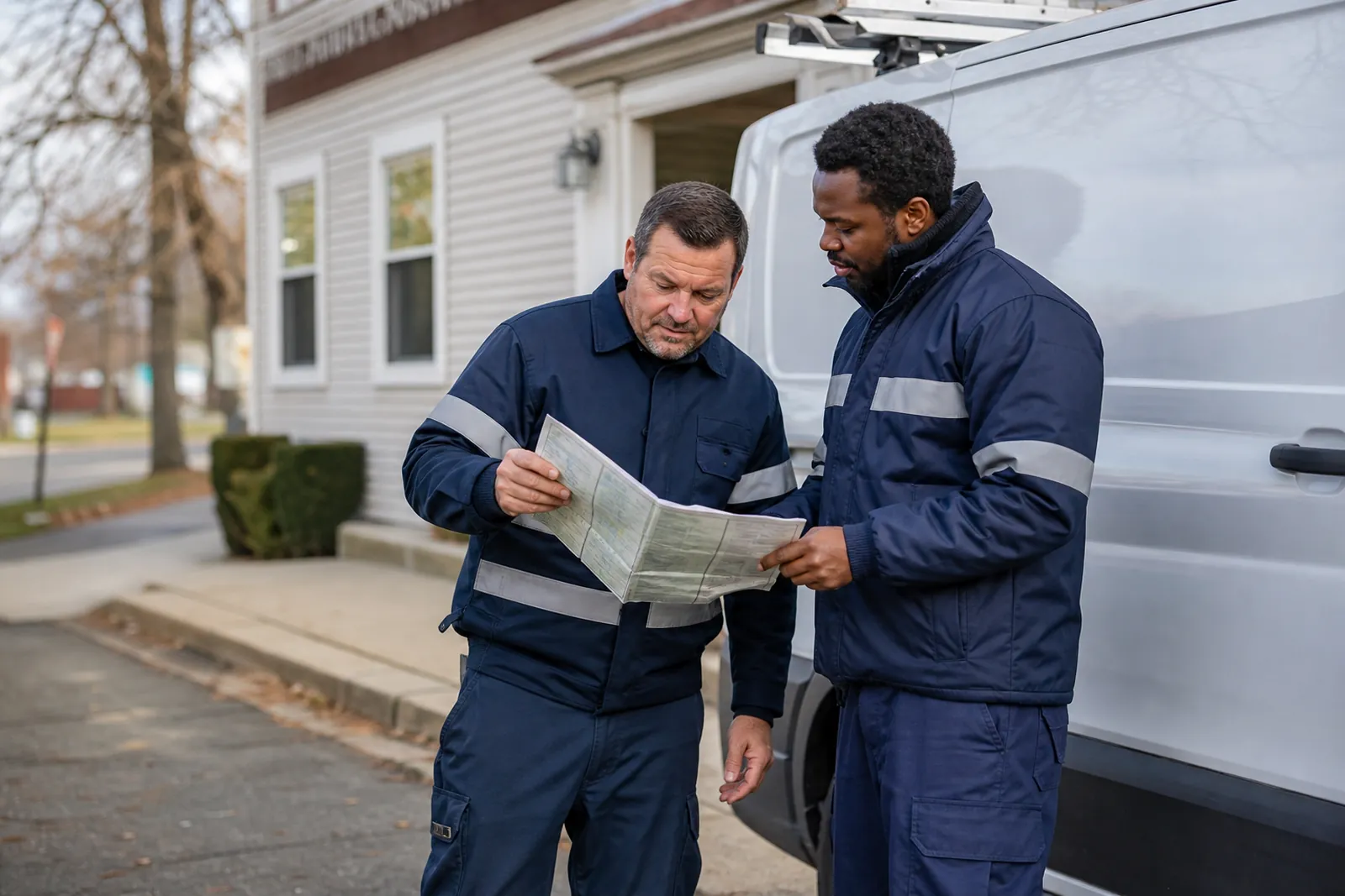 Two workers in branded uniforms stand beside a parked service van outside a small local office building on a quiet street, looking over a paper map together.