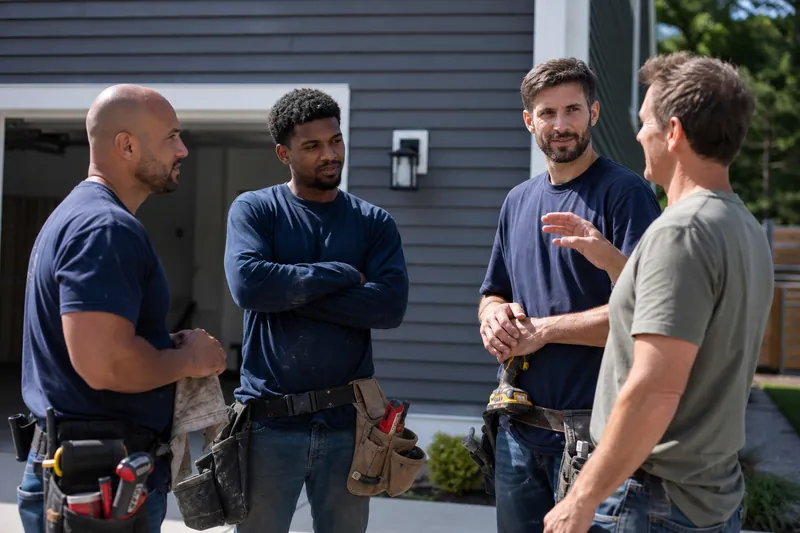 A contractor stands beside two crew members in front of a clean residential job site, with tools in hand and a homeowner talking with them nearby.