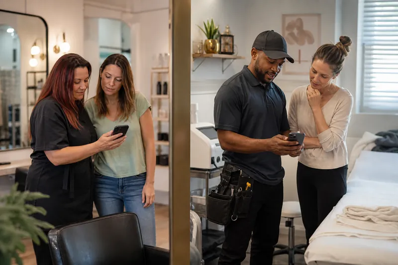 A service technician and a salon stylist standing in a tidy shop and a clean treatment room, each reviewing a phone clip with a customer nearby while the space feels calm and activ