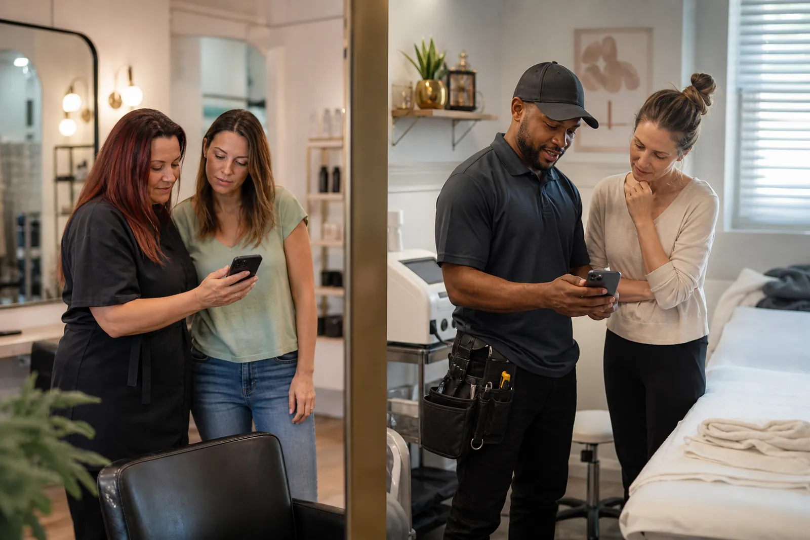 A service technician and a salon stylist standing in a tidy shop and a clean treatment room, each reviewing a phone clip with a customer nearby while the space feels calm and active.