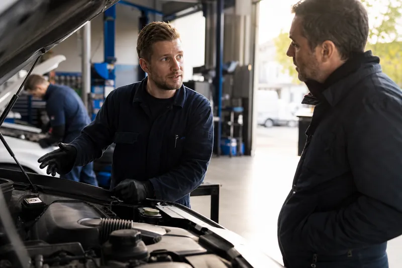 A mechanic in a clean garage talks with a driver beside an open hood while another technician works in the background and sunlight comes through the bay door.