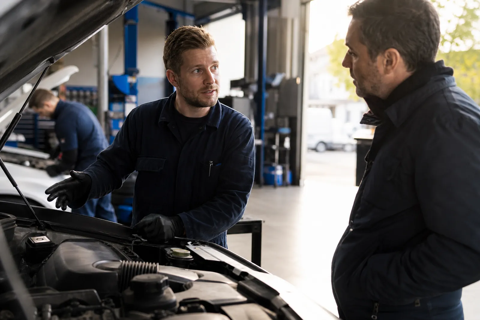 A mechanic in a clean garage talks with a driver beside an open hood while another technician works in the background and sunlight comes through the bay door.