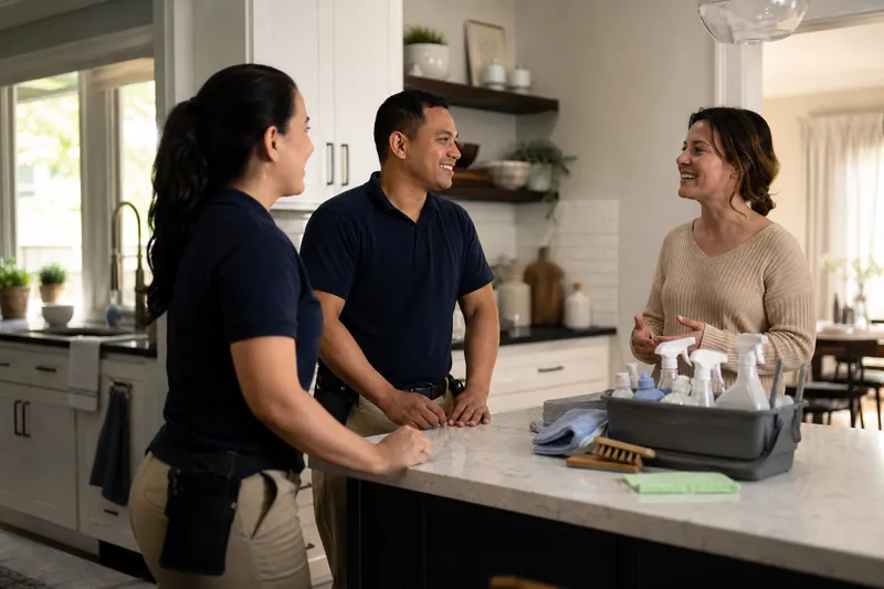 A candid photo of a cleaning team talking with a property manager in a hallway outside office suites, with mop buckets and cleaning supplies nearby.