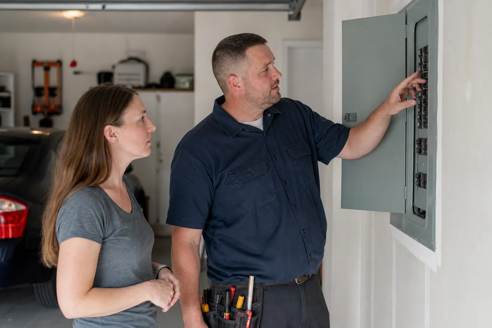 A licensed electrician in work clothes standing with a homeowner beside an open breaker panel in a tidy garage, both looking at the panel during a calm inspection.