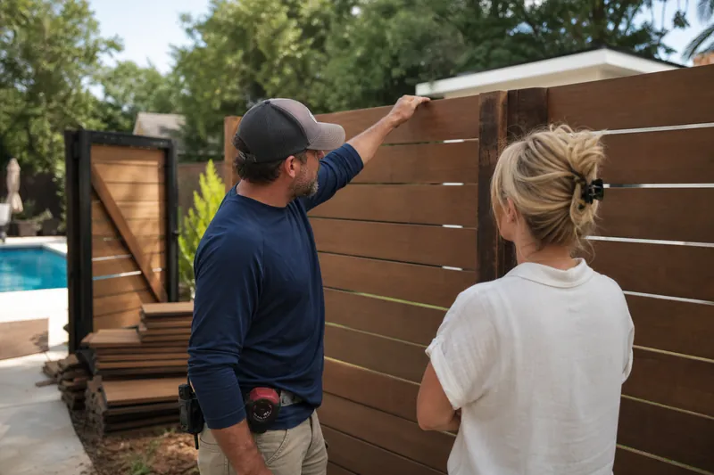 A crew member and a homeowner stand beside a freshly installed privacy fence in a suburban back yard, with stacked wood panels, a gate, and a pool area visible in the background.
