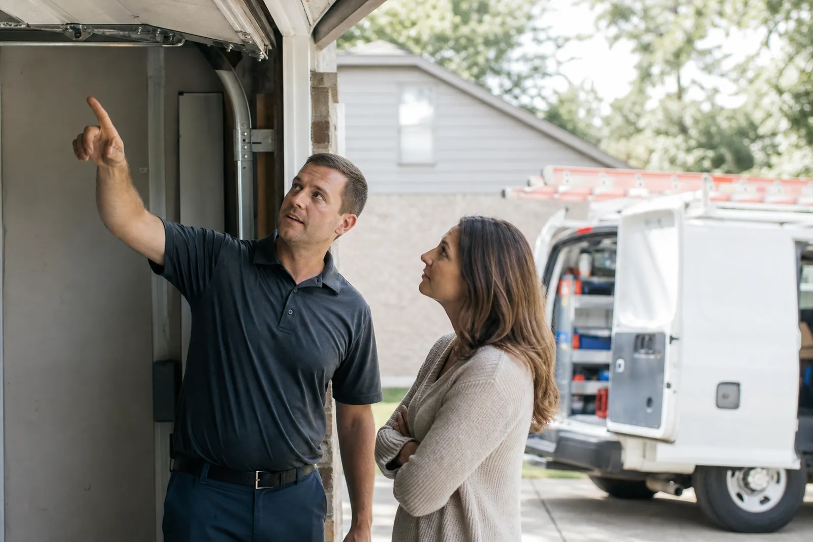 A garage door technician in work clothes talking with a homeowner at an open driveway while a service van sits nearby and the technician points toward the garage door hardware.