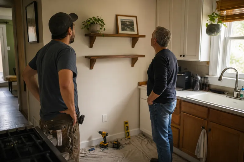 A handyman stands in a lived-in kitchen beside a homeowner, looking at a neatly patched wall and a newly installed shelf while sunlight comes through a window and tools rest on a d
