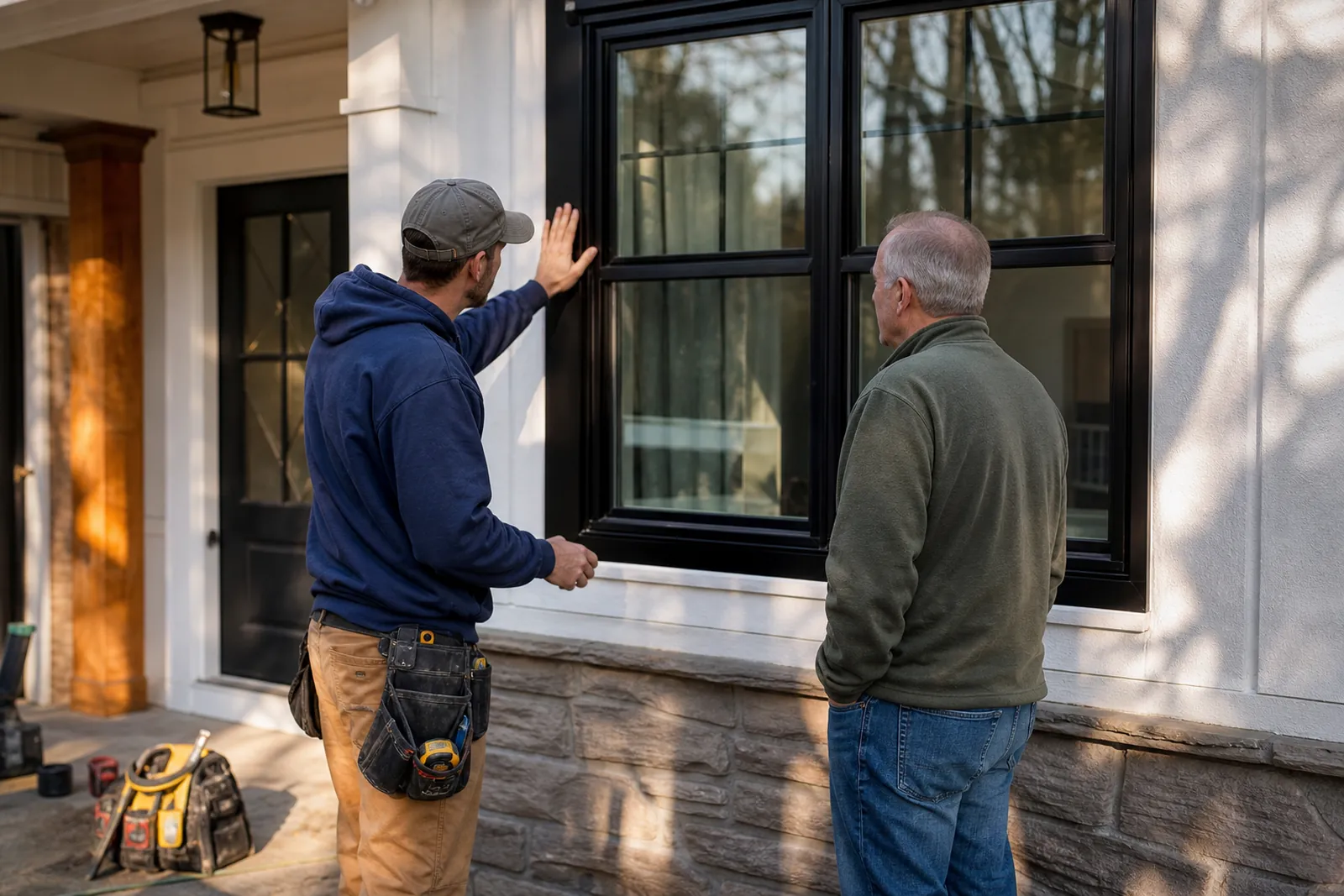 A contractor and a homeowner stand at the front of a suburban house while looking at a newly installed window frame, with tools on the ground and afternoon light on the exterior wall.