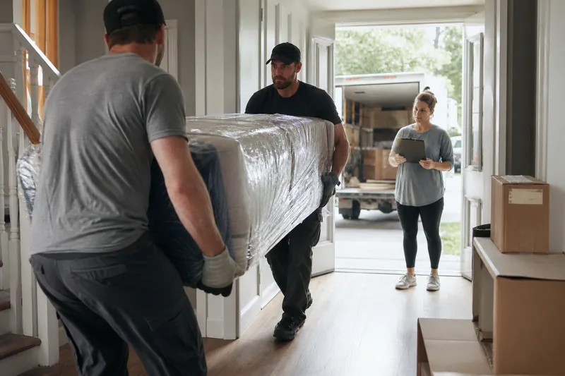 A moving crew in work gloves carefully carrying a wrapped sofa out of a lived-in home while a customer stands nearby holding a clipboard in the doorway, with boxes stacked in the h