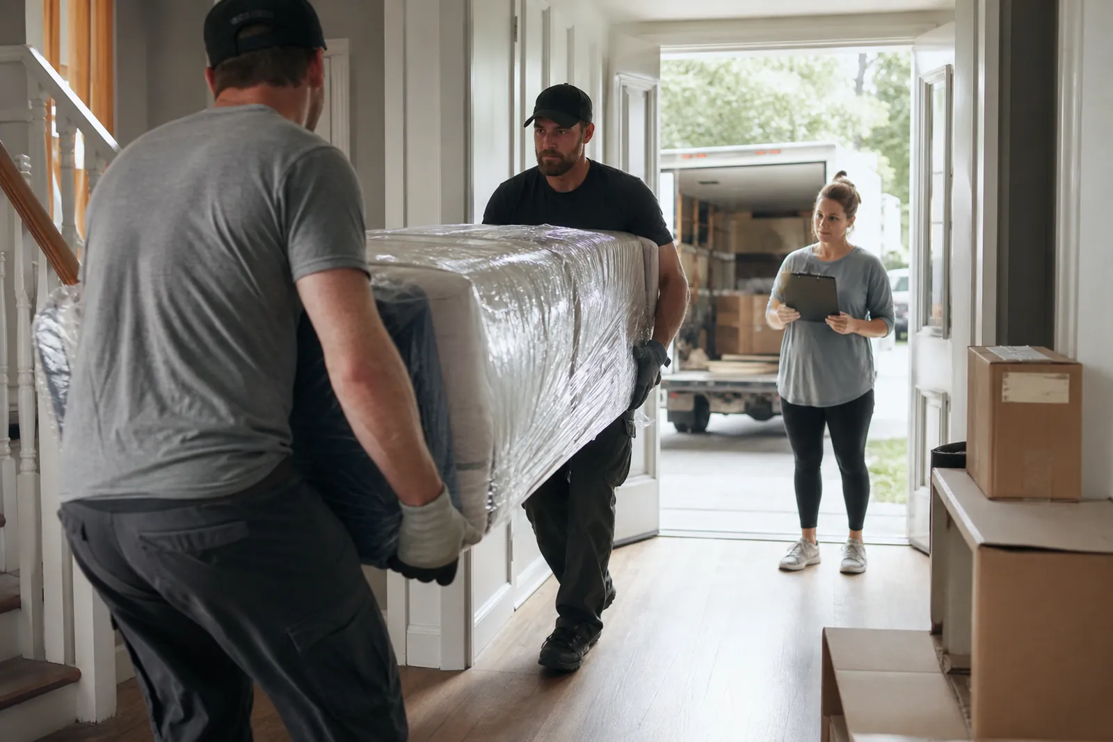 A moving crew in work gloves carefully carrying a wrapped sofa out of a lived-in home while a customer stands nearby holding a clipboard in the doorway, with boxes stacked in the hallway and a truck parked outside.