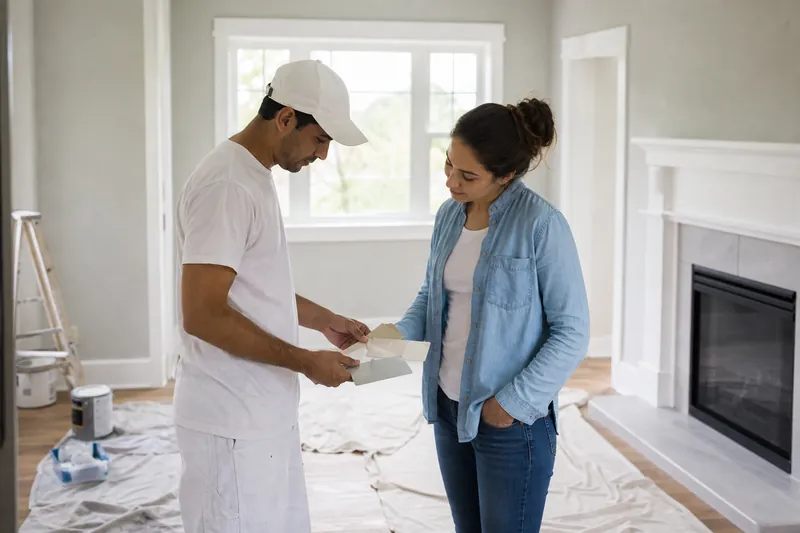 A candid photo of a painter in work clothes standing with a homeowner in a bright living room, looking at freshly painted walls and trim with paint supplies nearby.